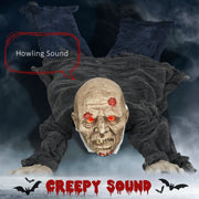 Crawling zombie prop in mist with a howling sound speech bubble
