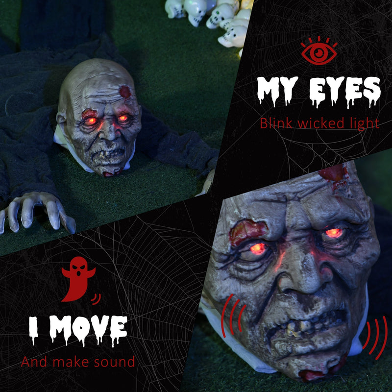 Close-up of the zombie prop's glowing red eyes and open mouth in the dark