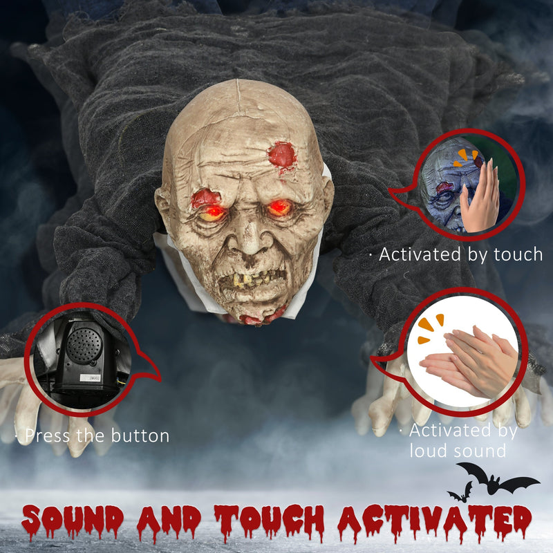 Crawling zombie prop showing the press button, touch and loud sound activation options
