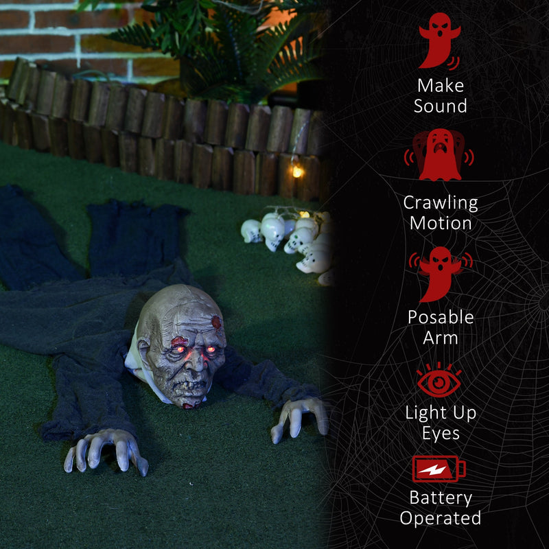 Crawling zombie prop on a lawn beside a list of sound, crawling motion, posable arm and light features