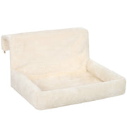 Cream plush hanging cat bed with hooks on a white background