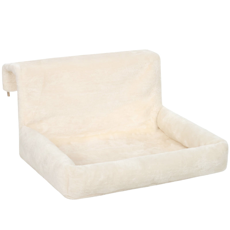 Cream plush hanging cat bed with hooks on a white background