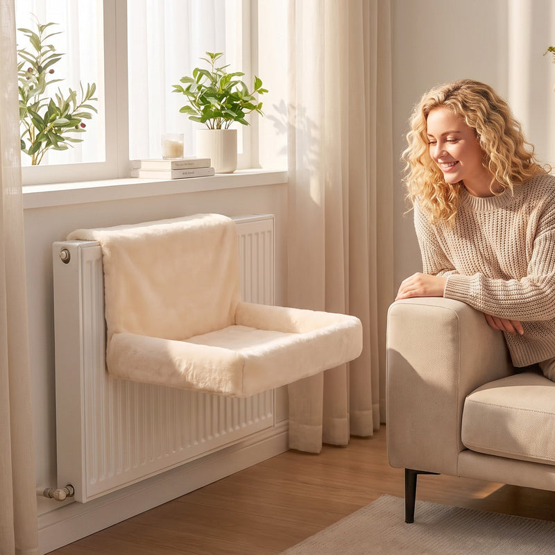 Woman smiling at the cream cat bed hung on a white radiator