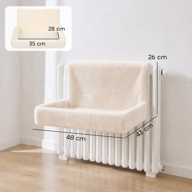 Dimensions diagram of the cat radiator bed showing 48, 43 and 26 cm outer size