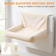 Cat bed hooked over a radiator with a warm elevated resting spot callout