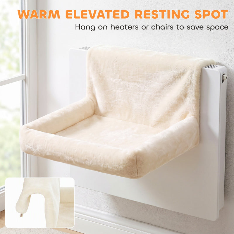 Cat bed hooked over a radiator with a warm elevated resting spot callout