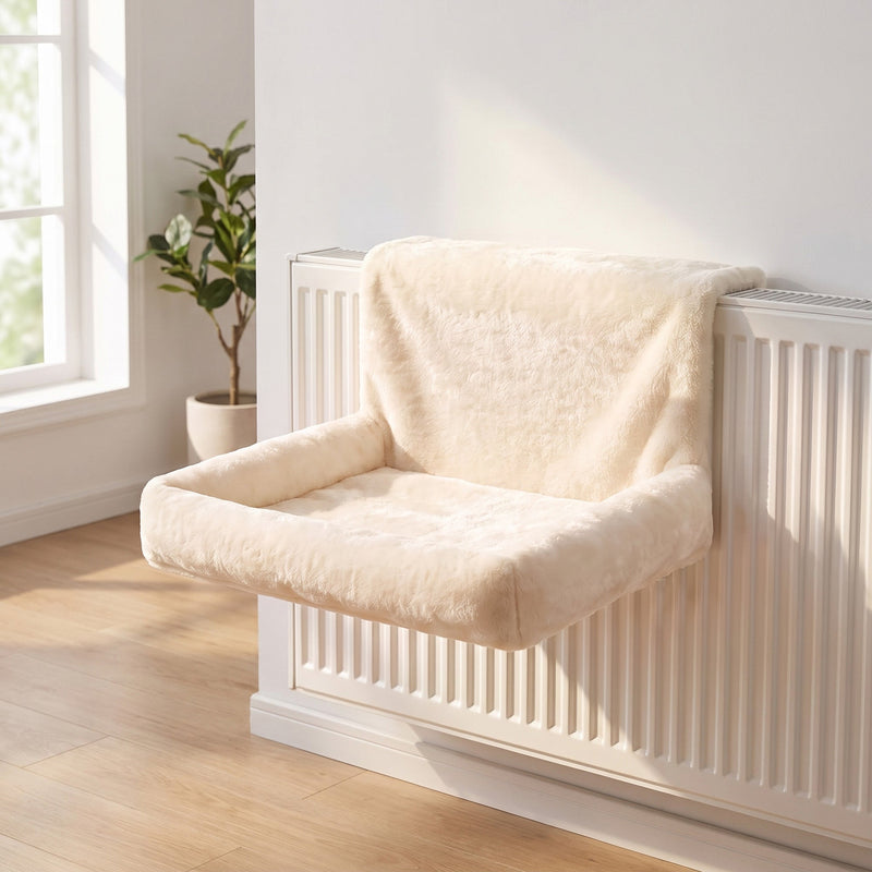 Cream cat bed hanging on a white radiator in a bright room