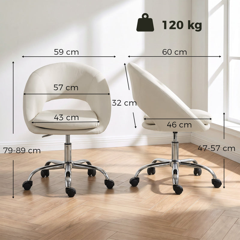 Dimension diagram of the cream desk chair showing 59cm width, 60cm depth and 47-57cm seat height