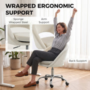 Diagram of the chair's sponge-wrapped steel armrest and back support with a woman stretching