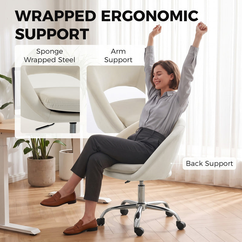 Diagram of the chair's sponge-wrapped steel armrest and back support with a woman stretching