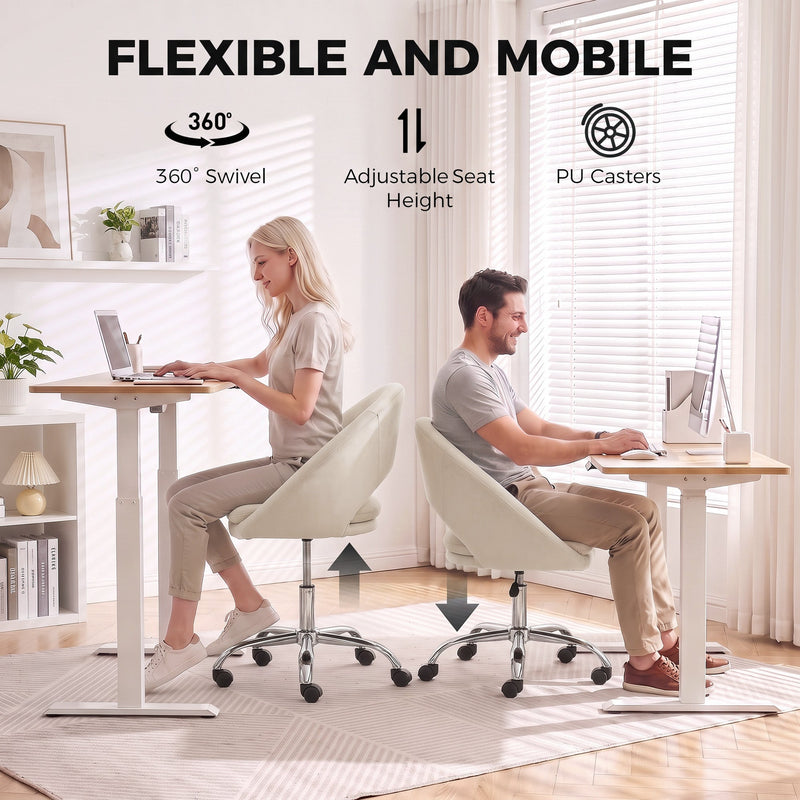 Diagram showing the chair's 360 degree swivel, adjustable seat height and PU casters