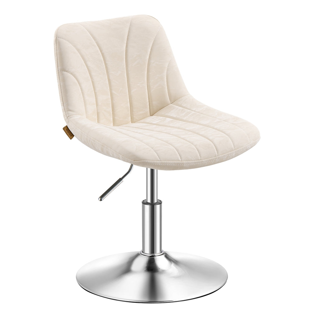 Cream white swivel dressing stool with a curved backrest and chrome base on a plain background