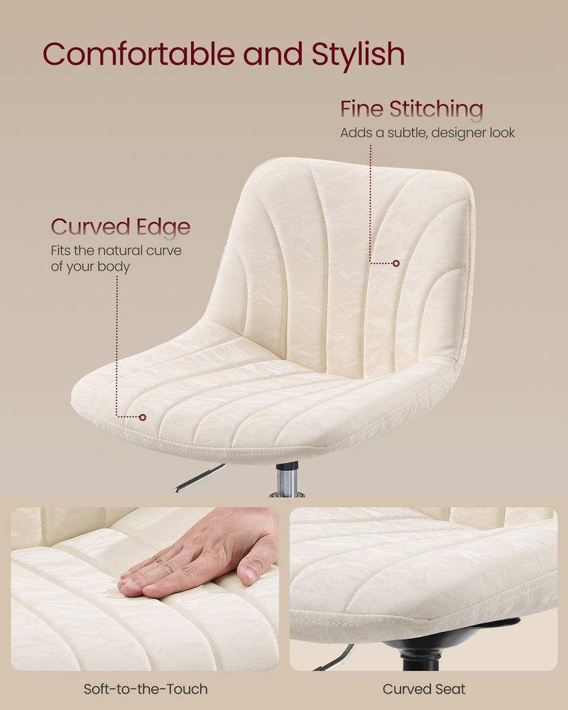 Stool showing fine stitching, a curved edge and a soft cushioned seat