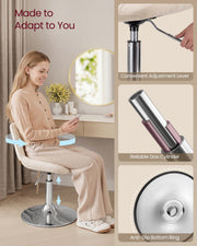 Woman swivelling on the stool with the adjustment lever, gas cylinder and anti-slip base ring