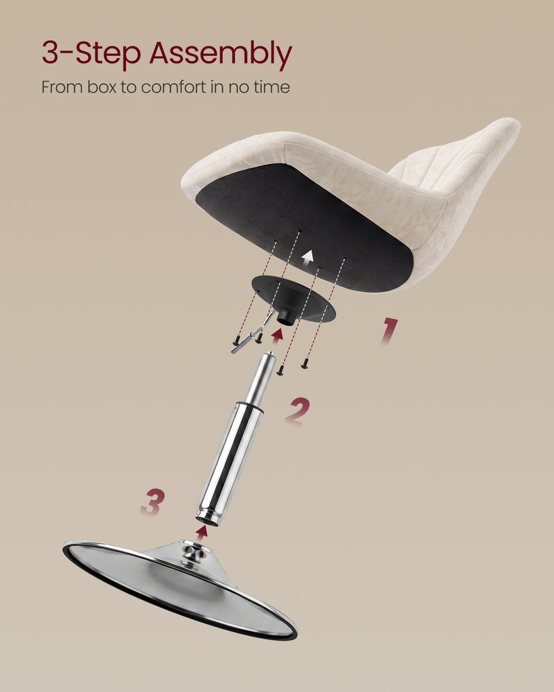 Three-step assembly diagram showing the seat, gas cylinder and base