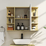 Wall Mounted Bathroom Mirror Cabinet With Open Shelves For Extra Storage, Natural Wood