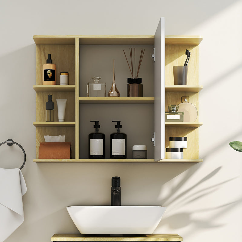 Wall Mounted Bathroom Mirror Cabinet With Open Shelves For Extra Storage, Natural Wood