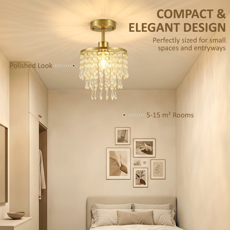 Gold Tone ceiling light in a small bedroom, marketing panel noting 5-15 sqm rooms