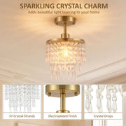 Close-up panels showing the 57 crystal strands, electroplated finish and crystal drops