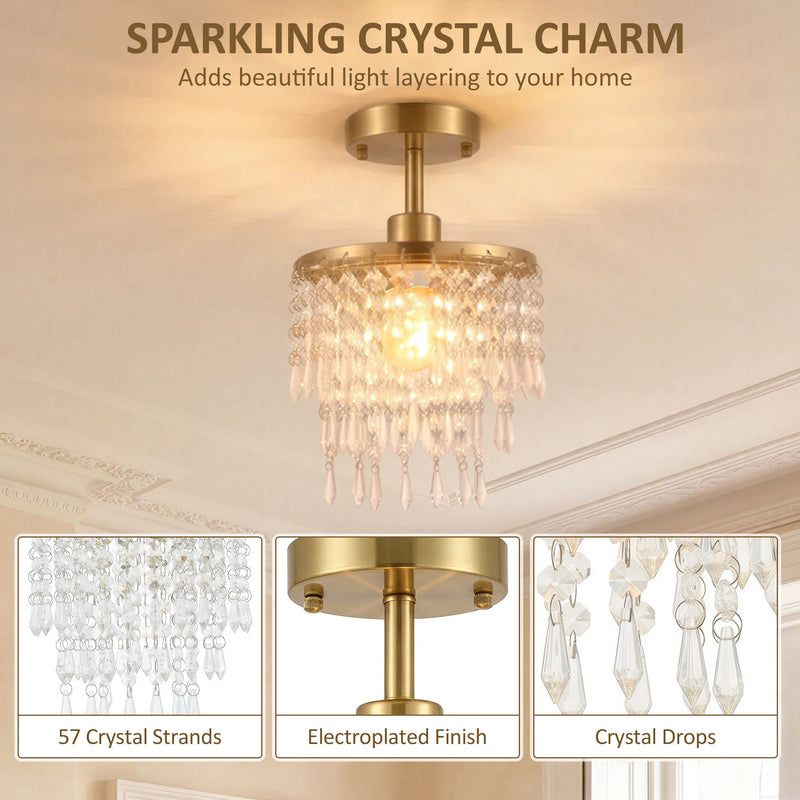 Close-up panels showing the 57 crystal strands, electroplated finish and crystal drops