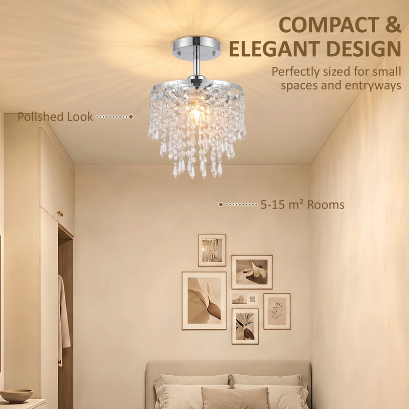 Silver Tone ceiling light in a small bedroom, marketing panel noting 5-15 sqm rooms