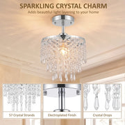 Close-up panels showing the 57 crystal strands, electroplated finish and crystal drops