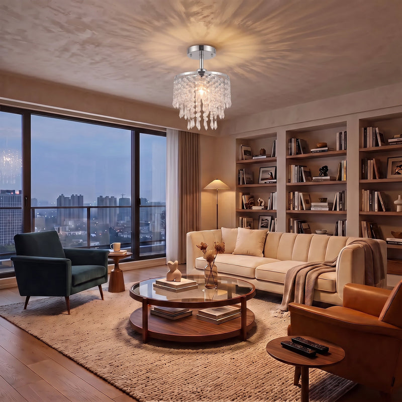 Silver Tone ceiling light illuminating an evening city apartment living room