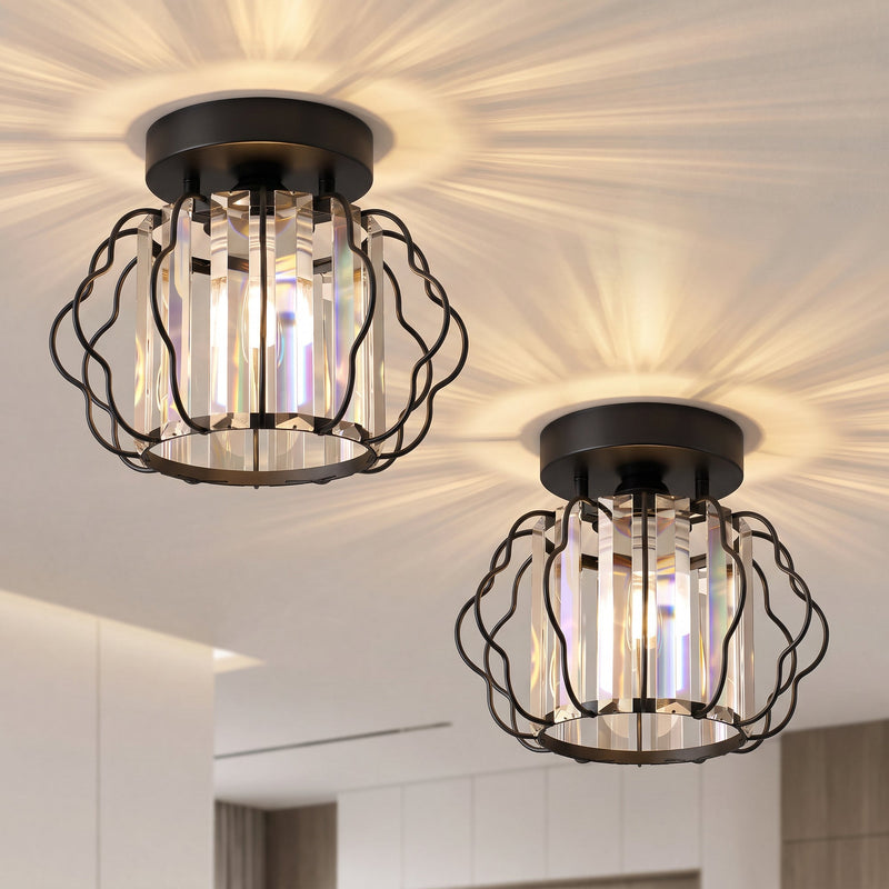Lit crystal ceiling lights throwing a sparkling light pattern onto the ceiling