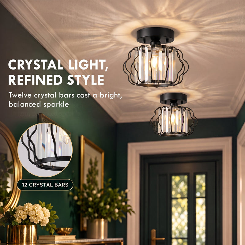 Hallway with two crystal ceiling lights and an inset of the crystal bar detail