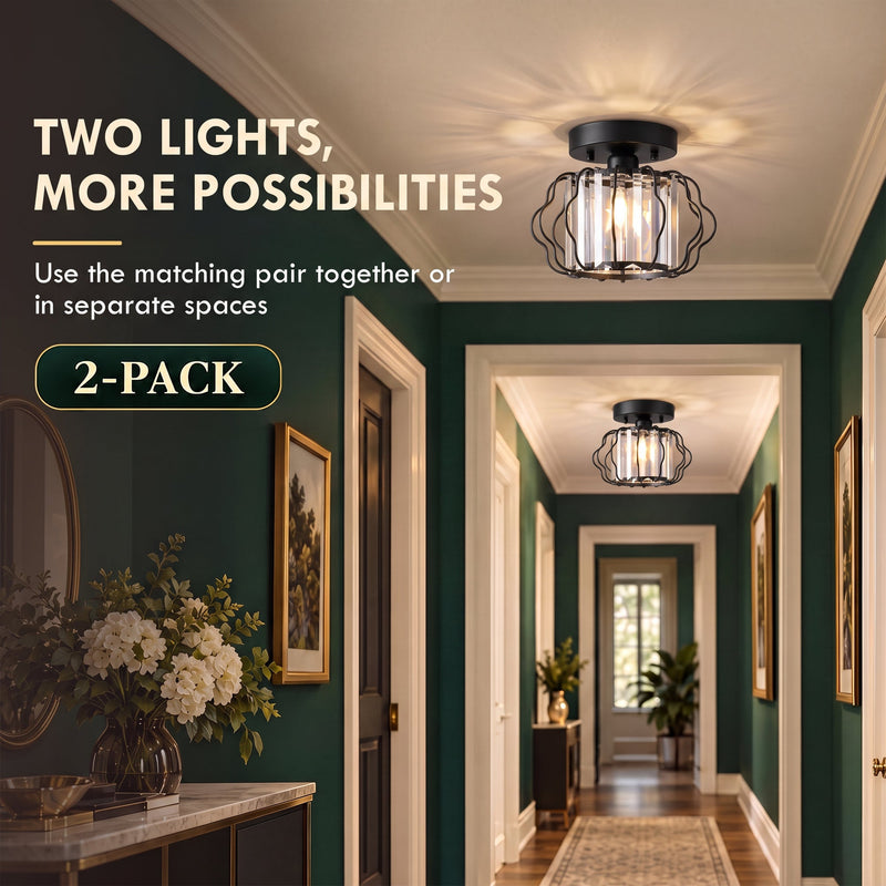 Matching pair of crystal lights fitted along a long hallway with a 2-pack graphic