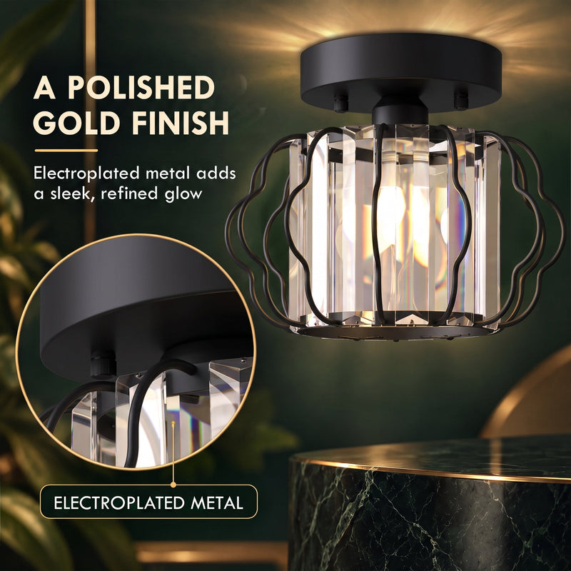 Electroplated metal canopy close-up beside the crystal ceiling light