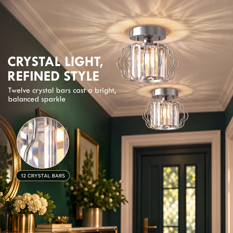 Crystal ceiling lights in a dark green entrance hall with a crystal bar inset