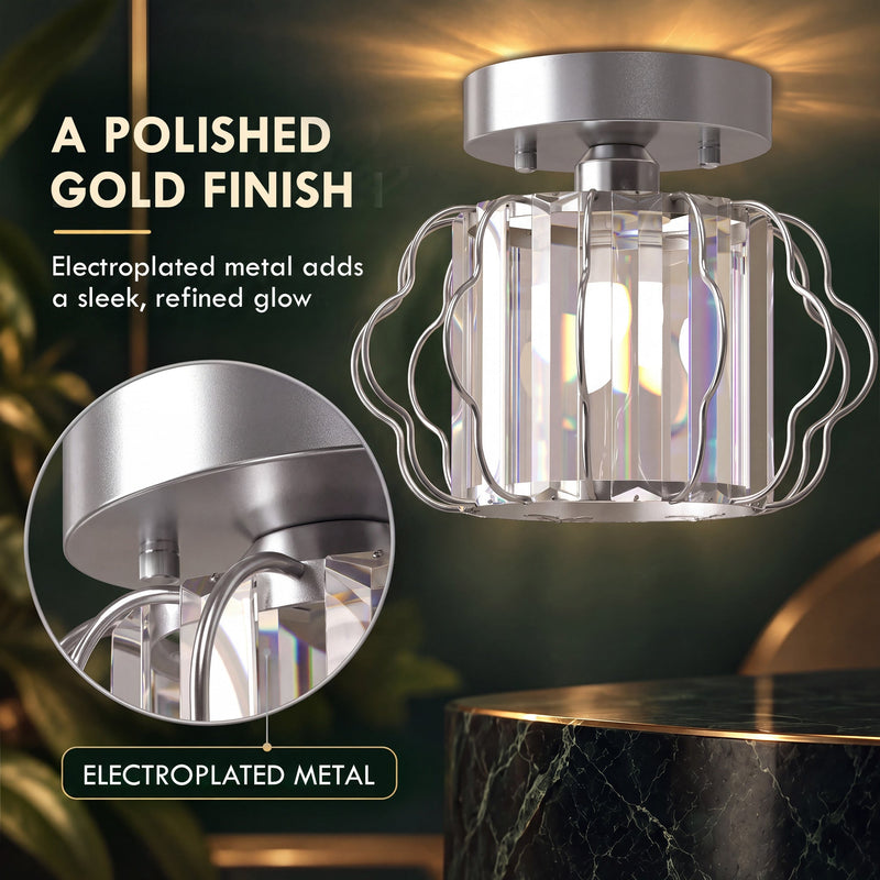 Detail of the electroplated metal base on the crystal ceiling light