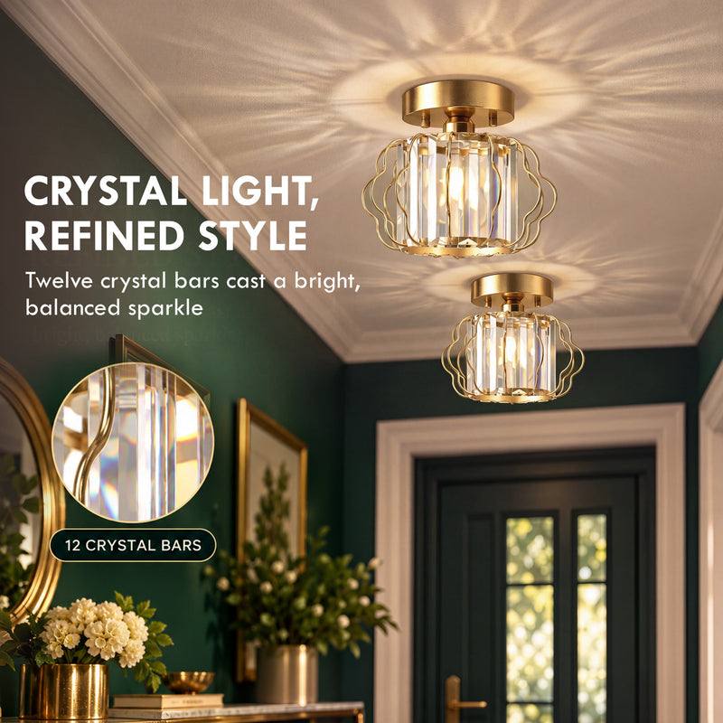 Two crystal ceiling lights in a green hallway with a close-up of the 12 crystal bars