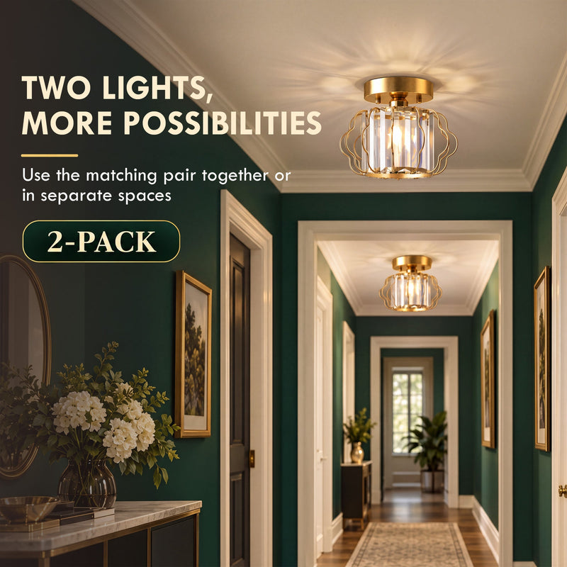 2-pack crystal ceiling lights shown together and in separate hallway spaces