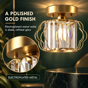 Crystal ceiling light with a close-up of the electroplated metal canopy