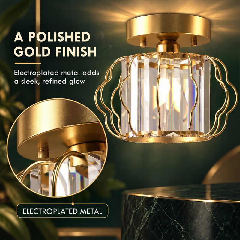 Crystal ceiling light with a close-up of the electroplated metal canopy