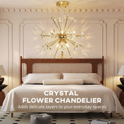 Crystal flower chandelier hung above a bed in a panelled bedroom