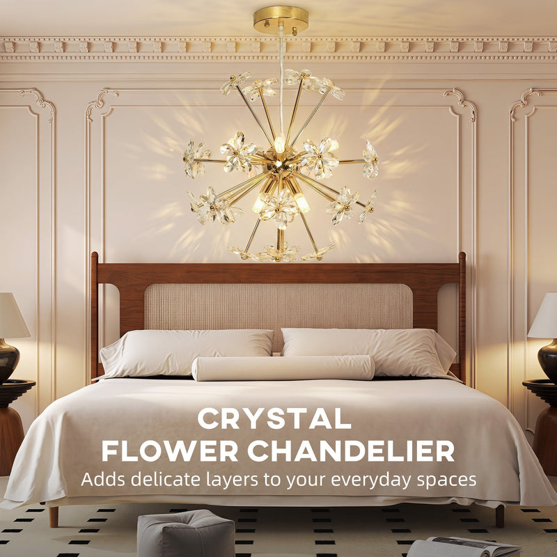 Crystal flower chandelier hung above a bed in a panelled bedroom