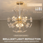 Eight G9 sockets on the crystal flower chandelier, bulbs not included