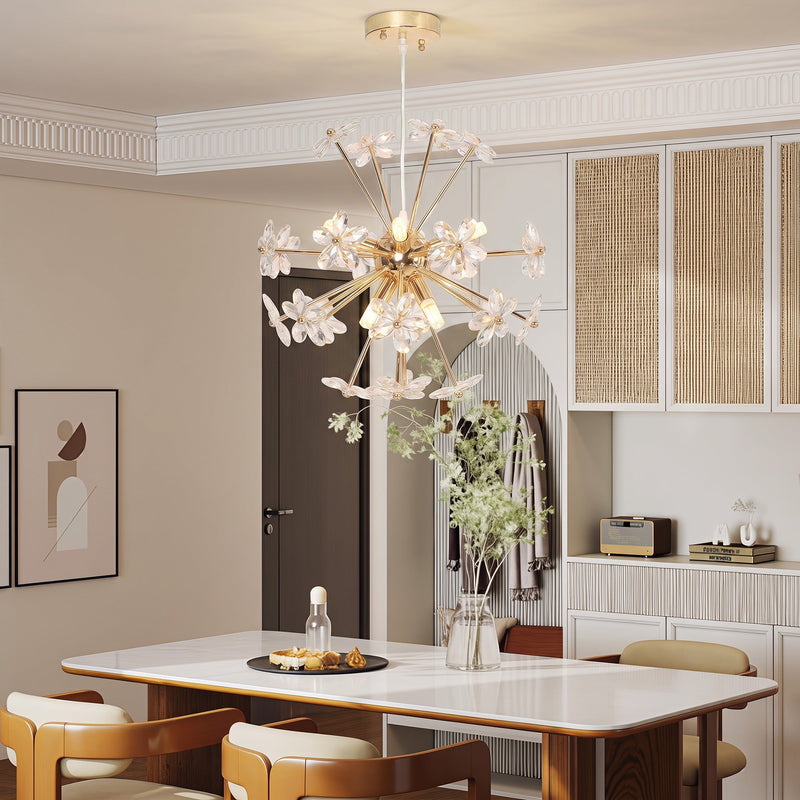 Crystal flower chandelier hung above a dining table