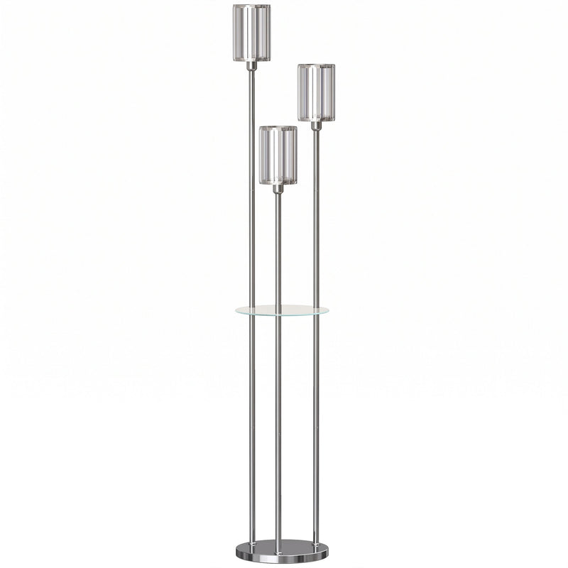 Chrome 3-light crystal glass floor lamp with a round glass shelf on a white background