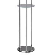 Close-up of the round glass shelf, chrome poles and round base