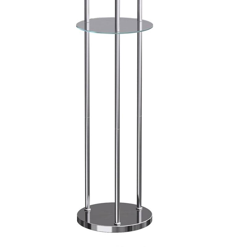 Close-up of the round glass shelf, chrome poles and round base