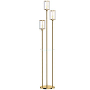 Gold tone 3-light crystal glass floor lamp with a round glass shelf on a white background
