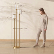 Dimensions diagram of the gold tone floor lamp showing 177 cm height, 32 cm width and 29.5 cm shelf