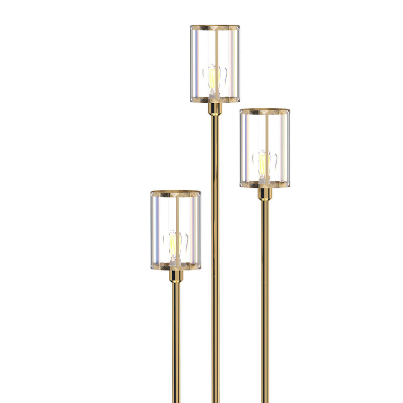 Close-up of the three gold tone poles with crystal glass shades on white