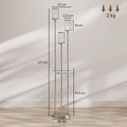 Dimensions diagram of the chrome floor lamp showing 177 cm height, 29.5 cm shelf and 30 cm base