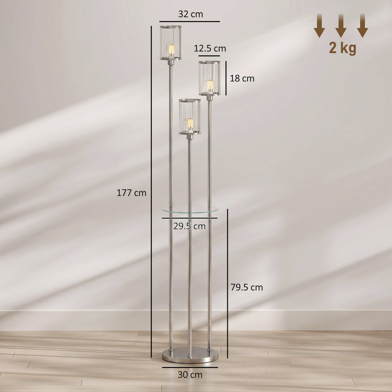 Dimensions diagram of the chrome floor lamp showing 177 cm height, 29.5 cm shelf and 30 cm base