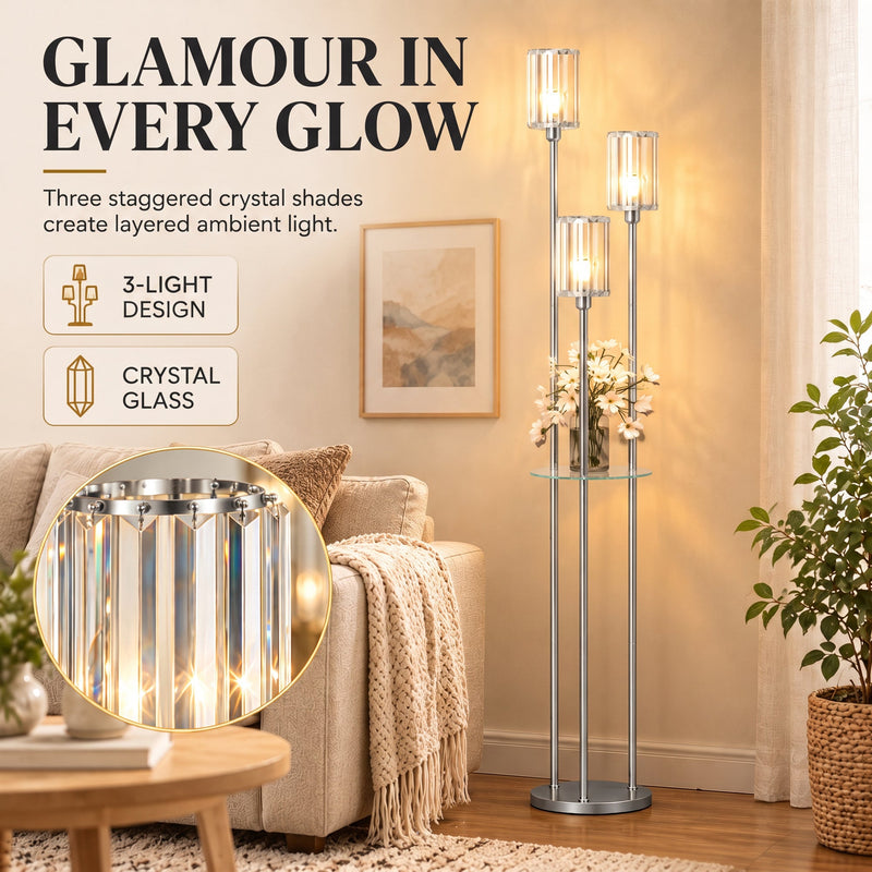 Close-up of crystal-cut glass shades on the chrome 3-light floor lamp in a living room